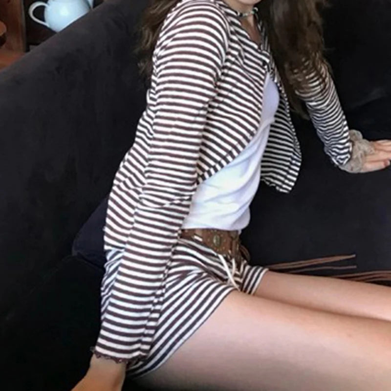 Casual Striped Women Two Pieces Set Long Sleeve Single Breasted T-shirt+Mini Short Homewear Suits Y2K Slim Tracksuits