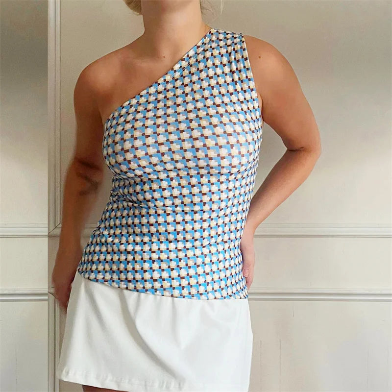 One Shoulder Tank Top for Women Floral Print Sleeveless Backless Vest Cropped T Shirt y2k Aesthetic Clothing Streetwear