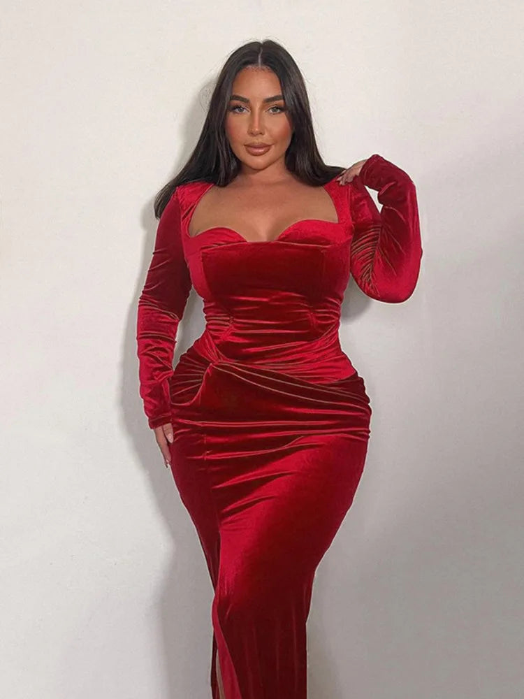 Velvet Long Sleeve Sexy Maxi Dress For Women Autumn Winter New Square Collar Thigh High Split Evening Club Party Dress