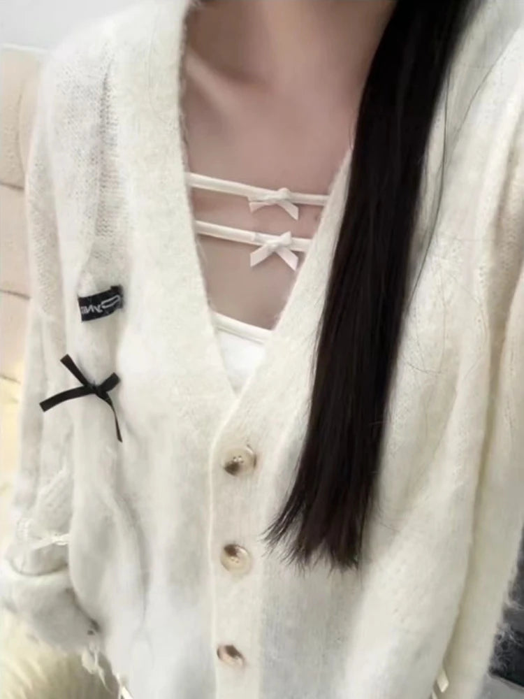 Loose Sweet Y2k Aesthetic Casual Cardigans Autumn Korean Fashion Bow Knitted Sweaters Hole Streetwear Women Grunge Coats 2025