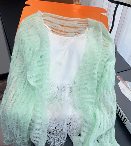 Korean Spring Summer Women Green Elegant Single Breasted Hollow Out Long Sleeved Knitted Tops And White Patchwork Lace Slip Tops