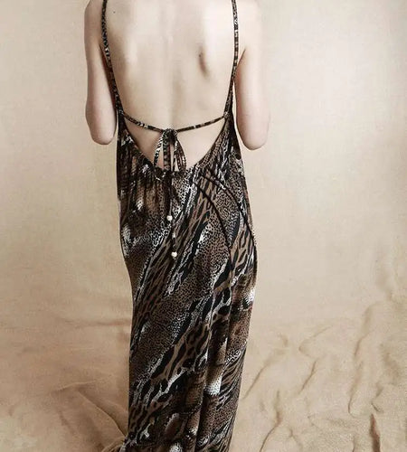 Women Coffee Leopard Printed Long Spaghetti Strap Dress New Square Collar Sleeveless Fashion Spring Autumn 2025 1DH8446