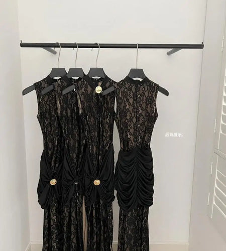 Chinese Style Women Black Patchwork Lace Elegant Slim Wrap Hip Pleated Vest Long Dress Summer Sleeveless Vacation Party Dresses