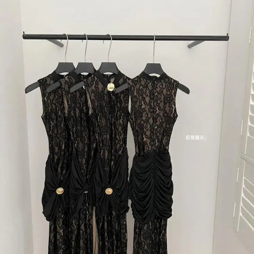 Load image into Gallery viewer, Chinese Style Women Black Patchwork Lace Elegant Slim Wrap Hip Pleated Vest Long Dress Summer Sleeveless Vacation Party Dresses
