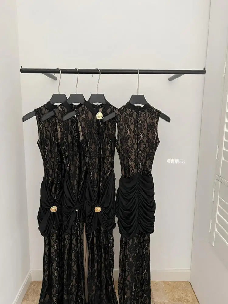 Chinese Style Women Black Patchwork Lace Elegant Slim Wrap Hip Pleated Vest Long Dress Summer Sleeveless Vacation Party Dresses