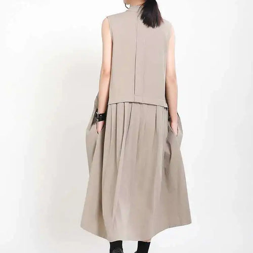 Load image into Gallery viewer, Women Khaki Split Pleated Long  Dress New Stand Collar Sleeveless Loose Fit Fashion Tide Spring Summer 2025 1Y353
