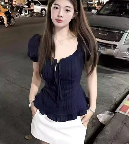 Y2k Aesthetic Ladies Hollow Out Bandage Blouses Harajuku Vintage Grunge Slim Fit Shirt Women Lace Patchwork Sweet Cropped Tops