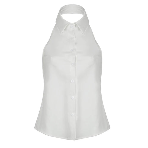 Load image into Gallery viewer, Fashion Backless White Blouse Top Sexy Solid Tie-Up Bow Design Chic Halter Neck Shirts Sleeveless Streetwear Outfits
