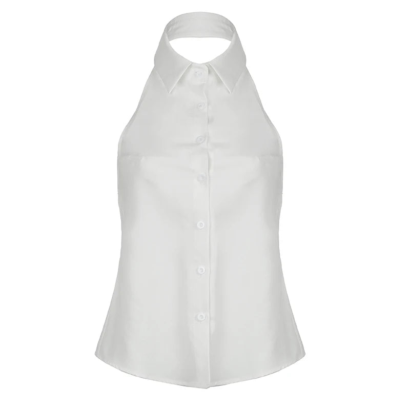 Fashion Backless White Blouse Top Sexy Solid Tie-Up Bow Design Chic Halter Neck Shirts Sleeveless Streetwear Outfits