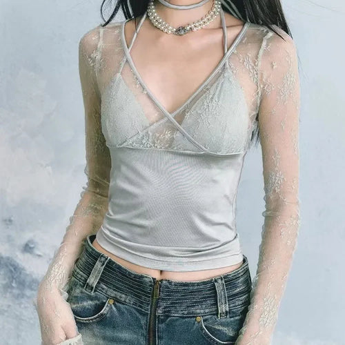 Load image into Gallery viewer, Y2k Aesthetic Lace Patchwork Crop Top Vintage Harajuku V Neck Bandage T-shirts Streetwear See Through Slim Fit Grunge Tees Women
