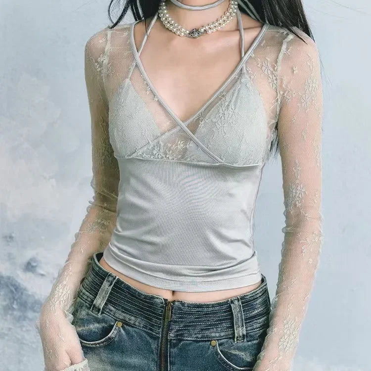 Y2k Aesthetic Lace Patchwork Crop Top Vintage Harajuku V Neck Bandage T-shirts Streetwear See Through Slim Fit Grunge Tees Women