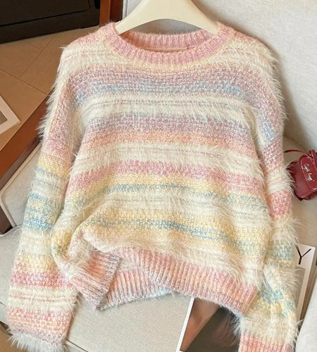 French Retro Fashion Women's Sweet Rainbow Round Neck Long Sleeve Knit Sweater Autumn Winter Vacation Short Pullover Tops Trendy