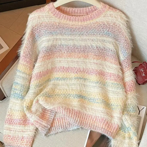 Load image into Gallery viewer, French Retro Fashion Women's Sweet Rainbow Round Neck Long Sleeve Knit Sweater Autumn Winter Vacation Short Pullover Tops Trendy
