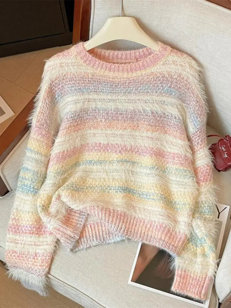 French Retro Fashion Women's Sweet Rainbow Round Neck Long Sleeve Knit Sweater Autumn Winter Vacation Short Pullover Tops Trendy