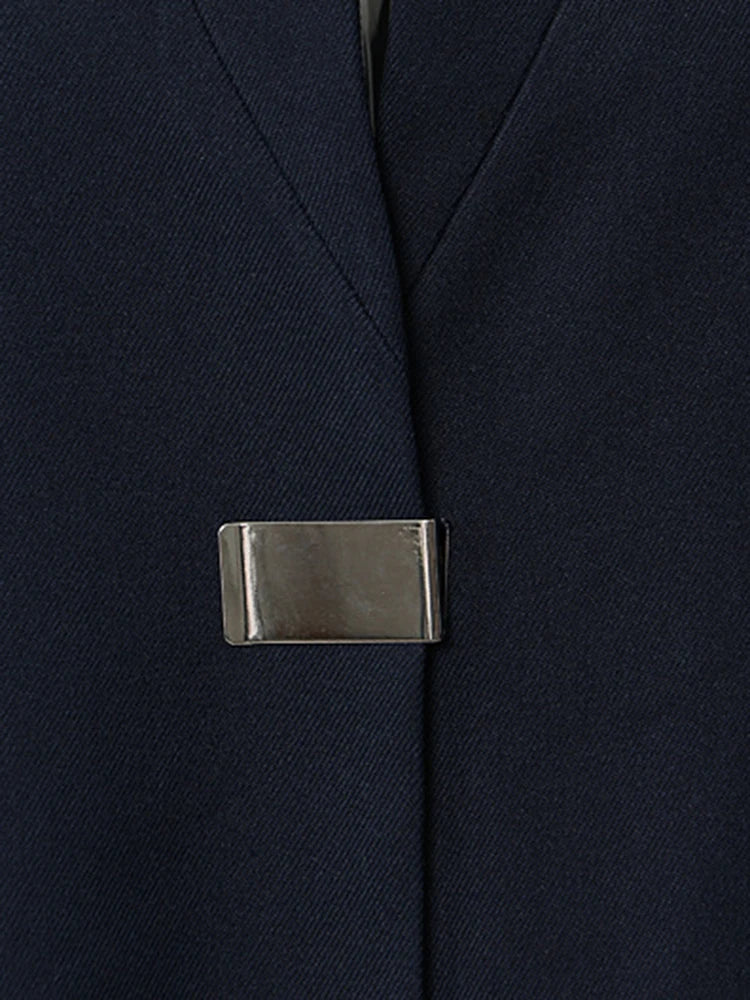 Women Navy Blue Elegant Long Shaped Blazer New Stand Collar Long Sleeve Jacket Fashion Tide Spring Autumn 2025 1DH3989