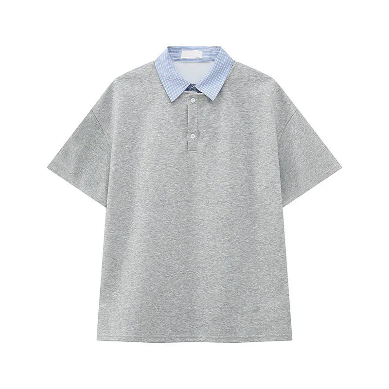 Men's Short Sleeve T-shirts Korean Simple Splicing Lapel Fake Two-piece Fashion Loose Male Clothing Pullover Top 9W1584