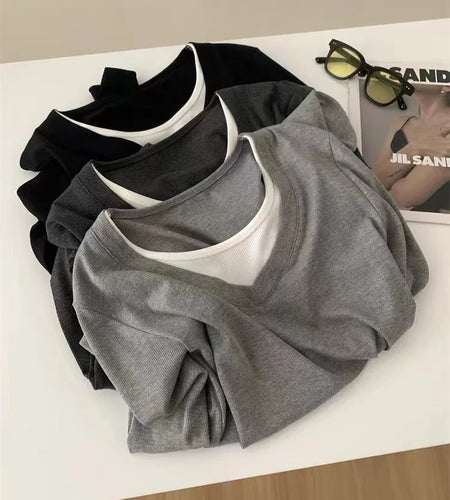 Korean Fashion Women's Patchwork Round Neck Versatile Cotton T Shirt Autumn Long Sleeves Vacation Pullovers Tops Casual Simple