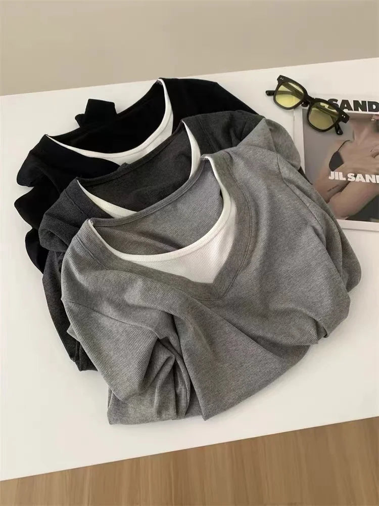 Korean Fashion Women's Patchwork Round Neck Versatile Cotton T Shirt Autumn Long Sleeves Vacation Pullovers Tops Casual Simple