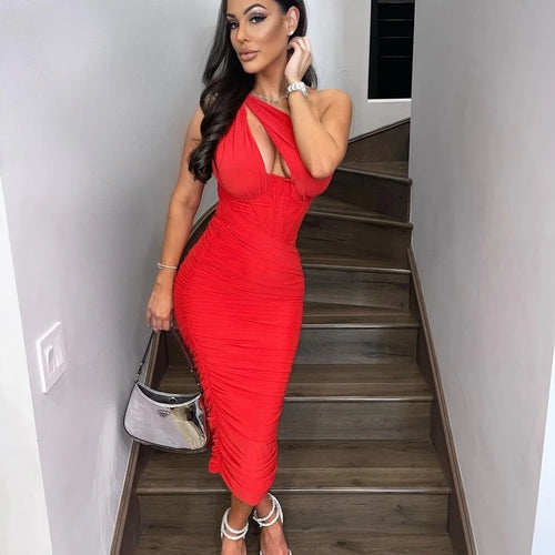 Load image into Gallery viewer, High Quality Mesh One Shoulder Backless Midi Dress For Women Fashion Hollow Out Sleeveless Ruched Long Dress Vestido
