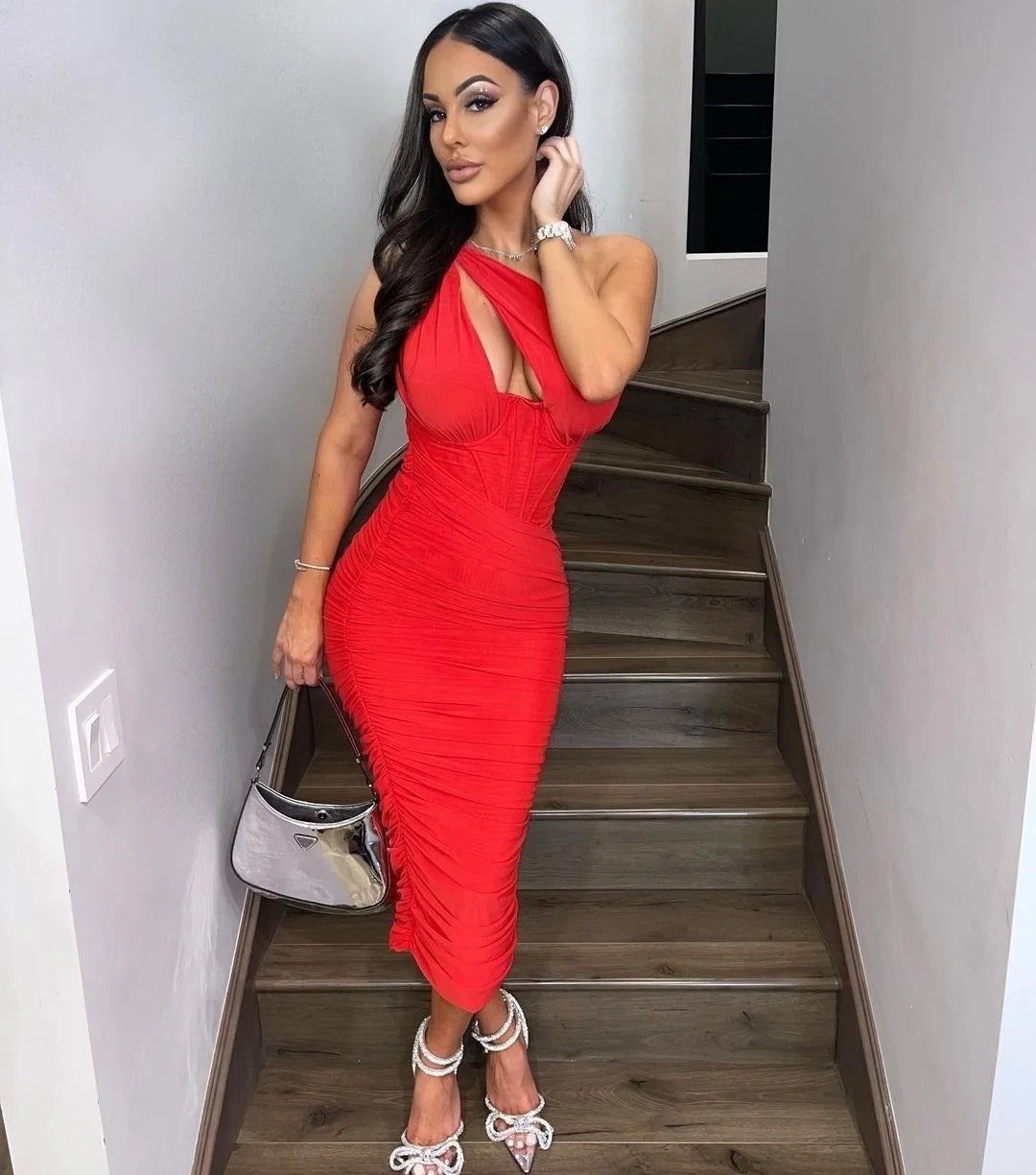 High Quality Mesh One Shoulder Backless Midi Dress For Women Fashion Hollow Out Sleeveless Ruched Long Dress Vestido