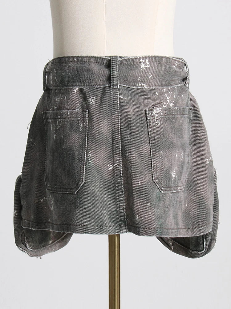 Hit Color Patchwork Pocket Denim Mini Skirt For Women High Waist Bodycon Spliced Belt Slimming Streetwear Skirts Female