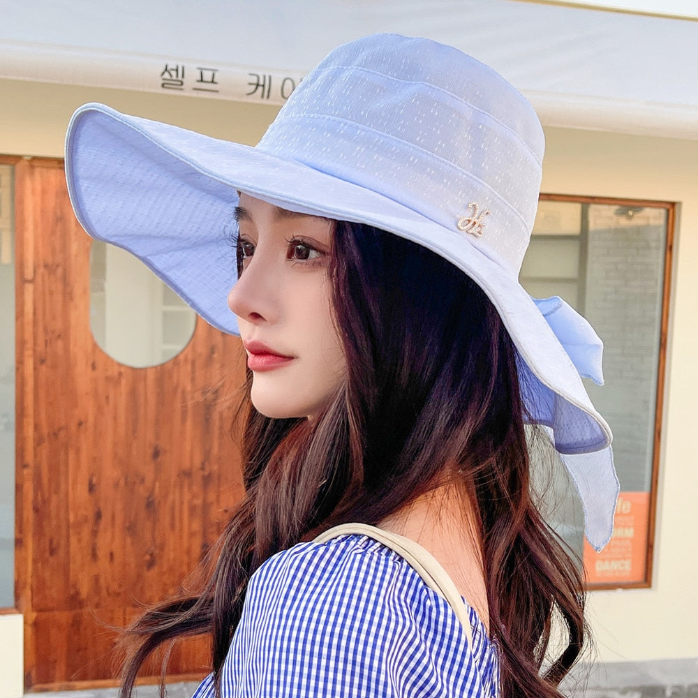 Women Summer Sun Hats Plain Color Fashion Bow Design Sun Hat Female Outdoor Sun Protection Travel Beach Hat