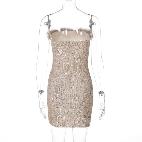 Load image into Gallery viewer, Sequins Off-shoulder Sexy Mini Dress For Women Fashion Strapless Feather Backless Bodycon Club Party Sparkle Dress

