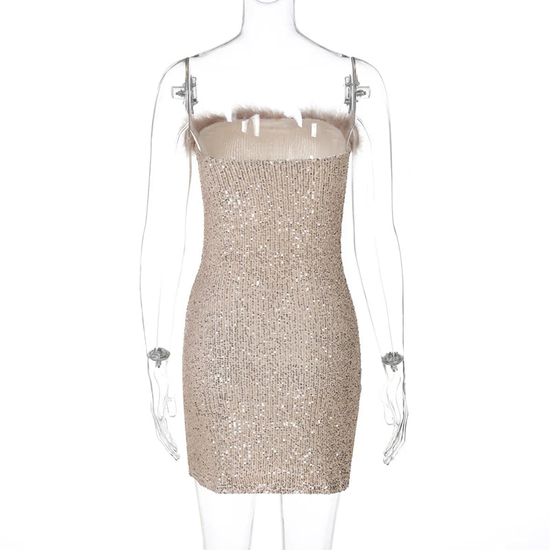 Sequins Off-shoulder Sexy Mini Dress For Women Fashion Strapless Feather Backless Bodycon Club Party Sparkle Dress