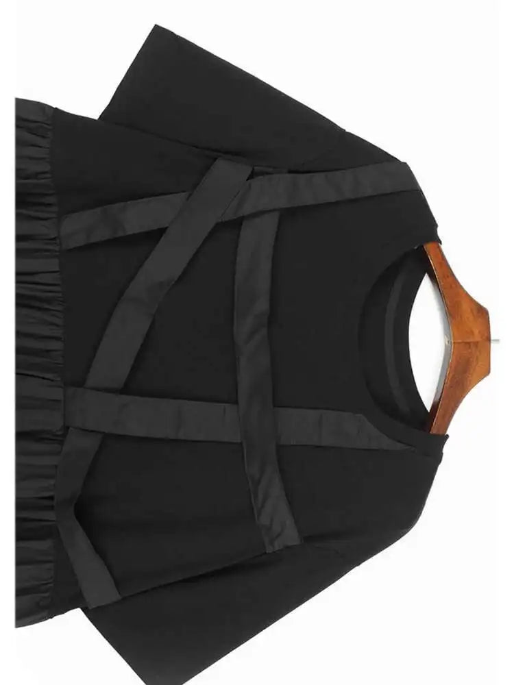 Women Black Ribbons Design Big Size Midi Dress New Round Neck Short Sleeve Fashion Tide Spring Summer 2025 1DH5566