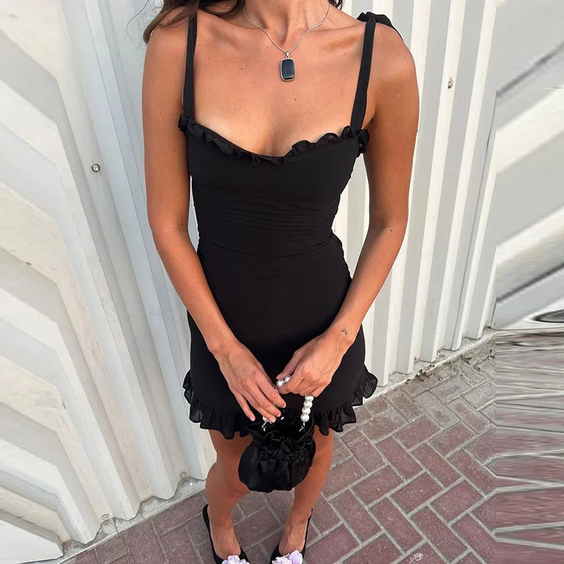 Elegant Women's Summer New Sexy Backless Solid Slash Neck Dress Slim Fit Waist Camisole Mini Dress Club Party Dress