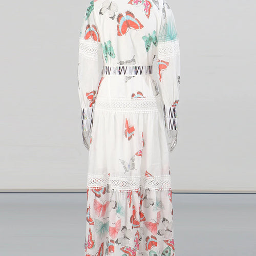 Load image into Gallery viewer, Printing Sheer Spliced Single Breasted Dresses for Women Round Neck Long Sleeves Patchwork Belt Dress Female New
