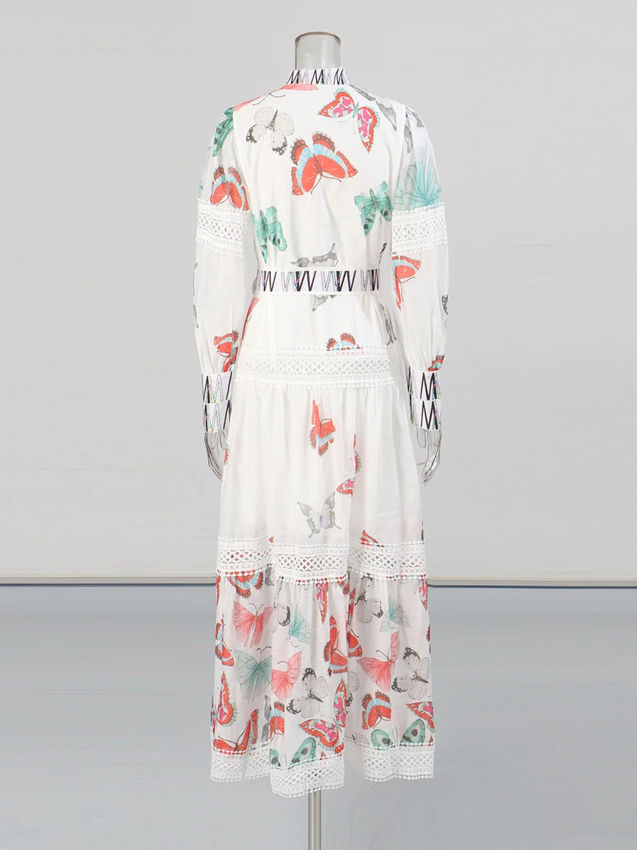 Printing Sheer Spliced Single Breasted Dresses for Women Round Neck Long Sleeves Patchwork Belt Dress Female New