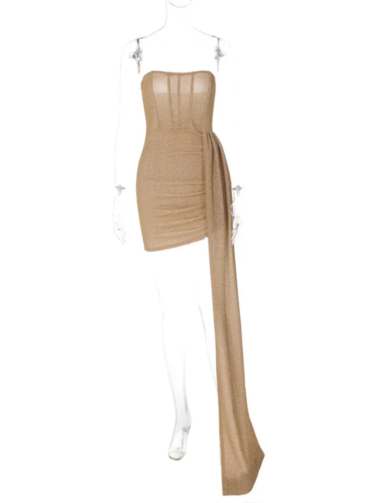 Elegant Strapless Lace-up Mini Dress For Women Robe 2023 New Off-shoulder Sleeveless Ruched Party Short Dress Vestido