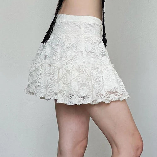 Load image into Gallery viewer, Coquette Fashion White Low Waist Lace Skirt Women Ruched Frills Hotsweet Korean Mini Skirt A-Line Folds Party Outfits
