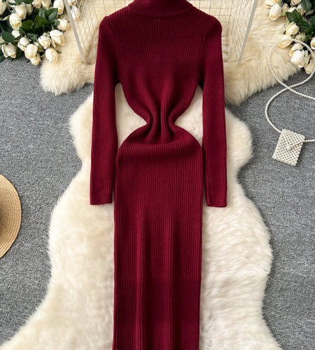 Korean Women Solid High Neck Straight Dresses Autumn Winter Slim Long Sleeve Office Knitted Dress Ladies Simplicity Popular Chic