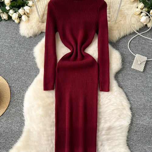 Load image into Gallery viewer, Korean Women Solid High Neck Straight Dresses Autumn Winter Slim Long Sleeve Office Knitted Dress Ladies Simplicity Popular Chic
