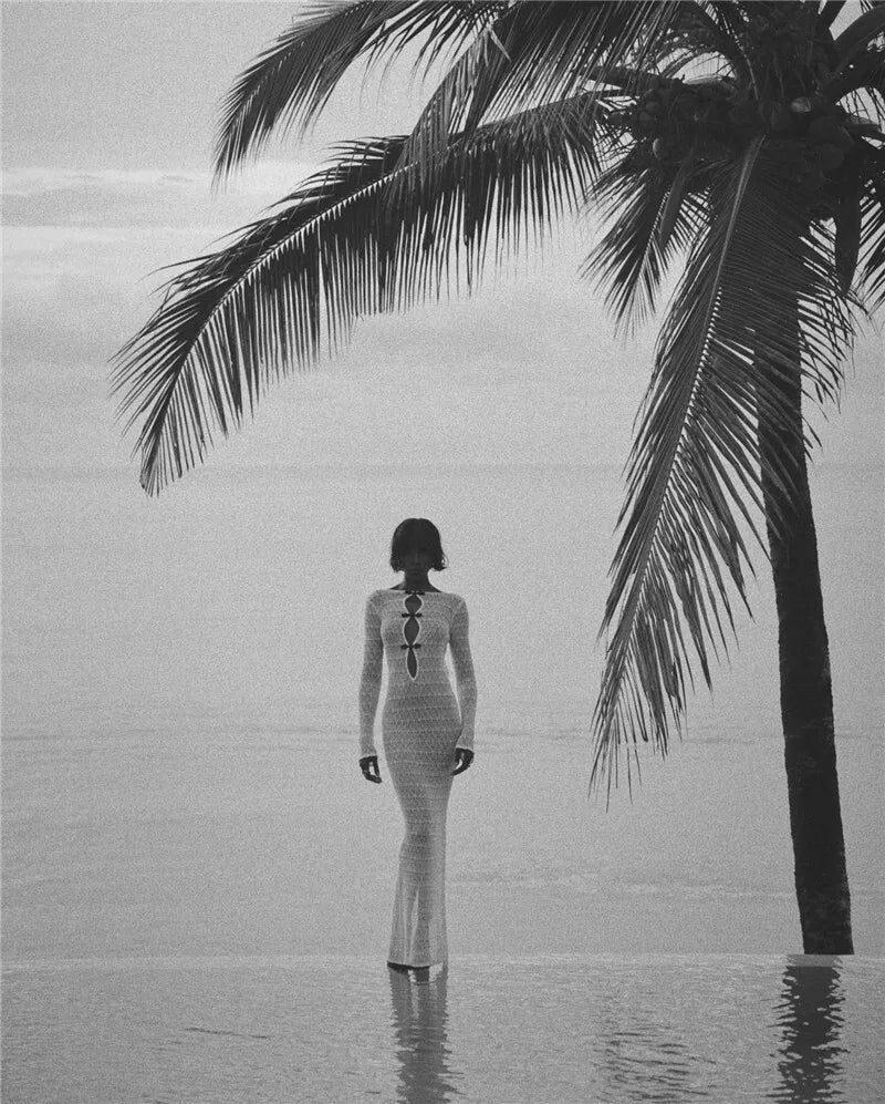 Hollow Out Knit Sexy Maxi Dress Women Fashion See Through Smock Dress Elegant Long Sleeve Backless Fishtail Dress