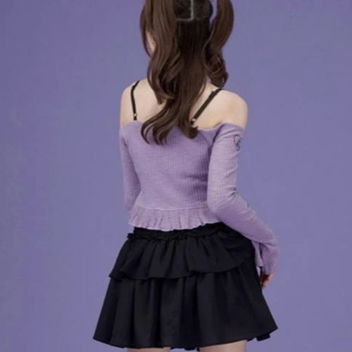 Load image into Gallery viewer, Slash Neck Y2k Aesthetic Embroidery Tshirts Purple Sweet Ruffled Women Slim Cropped Tees Vintage Harajuku Flare Sleeve T-shirt
