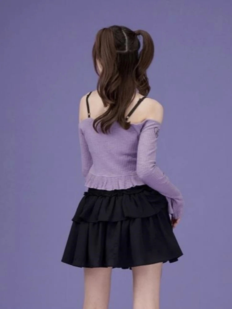 Slash Neck Y2k Aesthetic Embroidery Tshirts Purple Sweet Ruffled Women Slim Cropped Tees Vintage Harajuku Flare Sleeve T-shirt