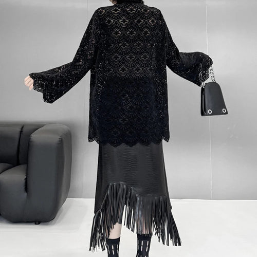 Load image into Gallery viewer, Women Black Lace Hollow Out Big Size Elegant Blouse New Lapel Long Flare Sleeve Shirt Fashion Spring Autumn 2025 1DH9271
