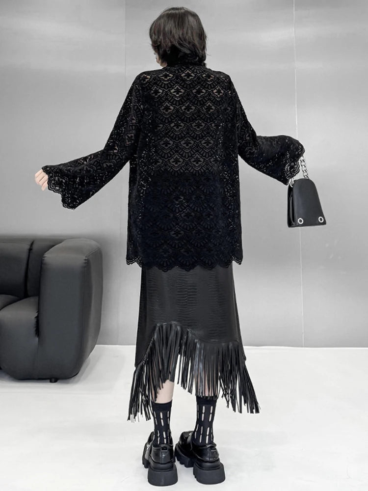 Women Black Lace Hollow Out Big Size Elegant Blouse New Lapel Long Flare Sleeve Shirt Fashion Spring Autumn 2025 1DH9271