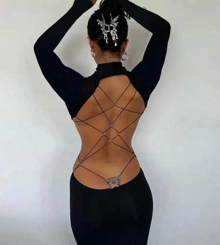 Sexy Long Sleeved Backless Bodycon Dress For Women Autumn 2024 New Sexy Slim Small High Neck Backless Butterfly Dress