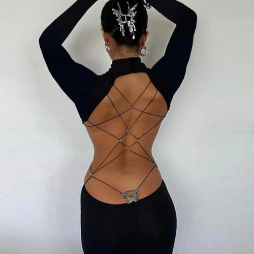 Load image into Gallery viewer, Sexy Long Sleeved Backless Bodycon Dress For Women Autumn 2024 New Sexy Slim Small High Neck Backless Butterfly Dress

