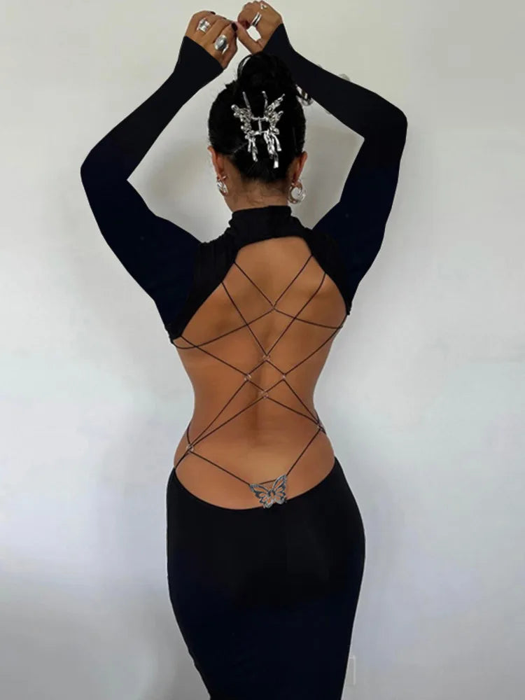 Sexy Long Sleeved Backless Bodycon Dress For Women Autumn 2024 New Sexy Slim Small High Neck Backless Butterfly Dress