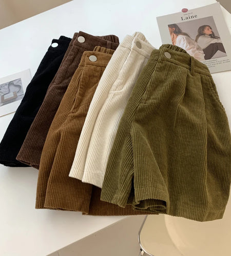 Corduroy Women's Cargo Shorts Autumn Winter High Waist Wide Leg Shorts Casual Vintage Female Trousers Fashion