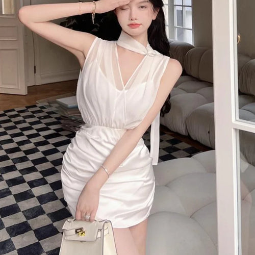Load image into Gallery viewer, Sexy Lace Mesh White Satin Dress Bodycon Summer Sundress Beach Casual Elegant Short Dresses Women New In
