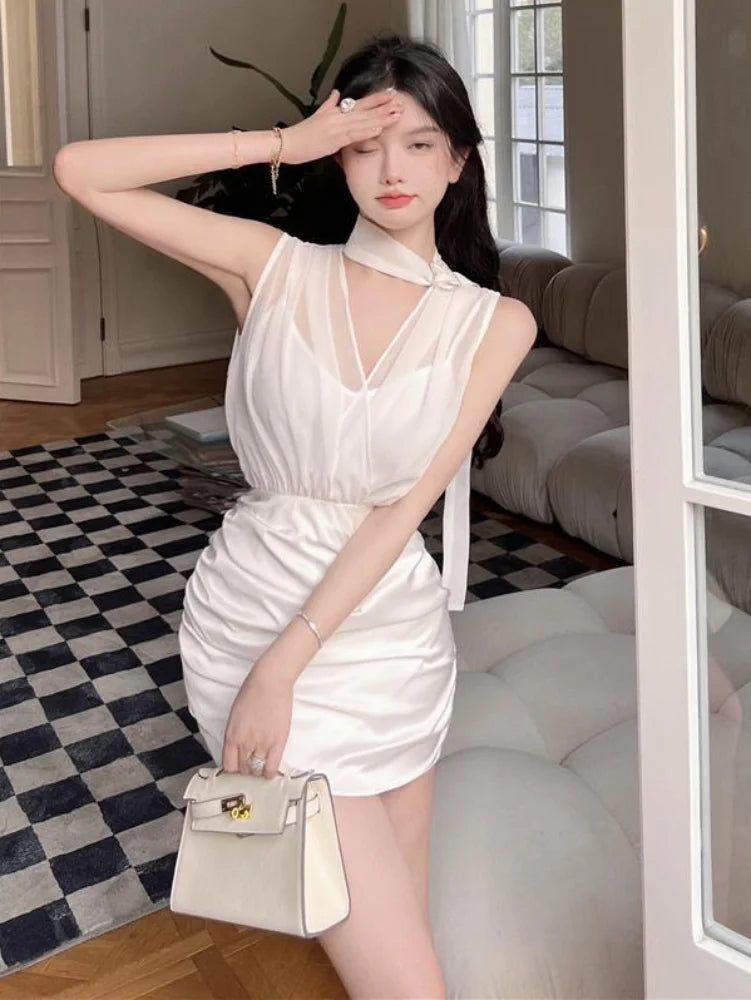 Sexy Lace Mesh White Satin Dress Bodycon Summer Sundress Beach Casual Elegant Short Dresses Women New In