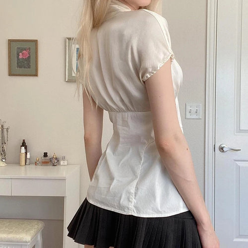 Load image into Gallery viewer, French Style White Puff Sleeve Satin Shirts Women Summer Elegant V-Neck Slimming Button Tops Ladies Casual Blouse New
