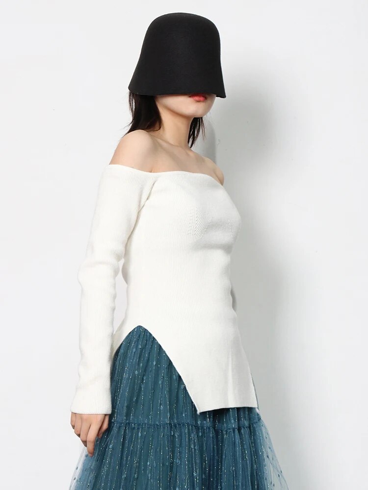Solid Minimalist Sweater For Women Square Collar Long Sleeve Slim Knitting Pullover Female Fashion Clothing