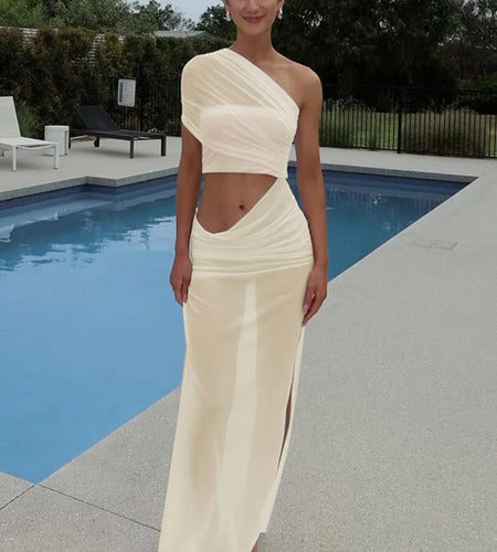 Mesh Hollow Out Backless Sexy Maxi Dress For Women Fashion One Sleeveless See Through Ruched Bodycon Club Long Dress